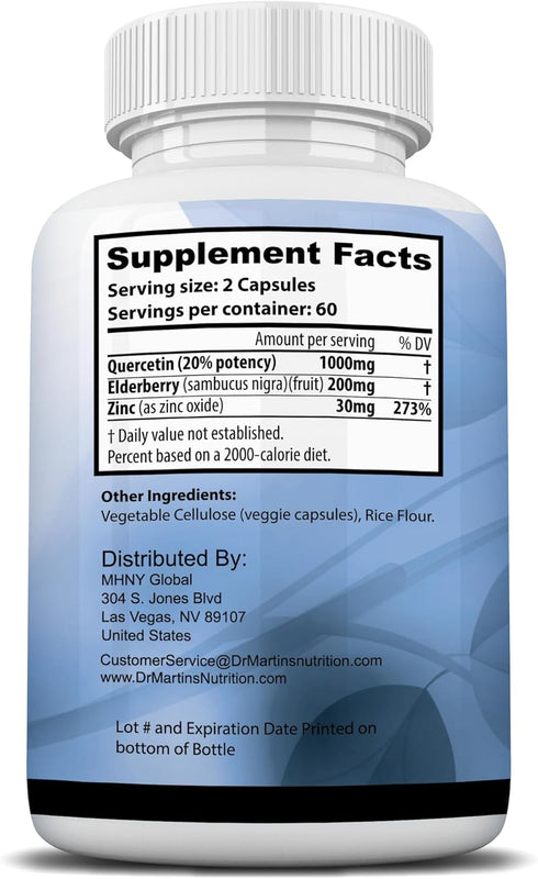Extra Strength Quercetin with Zinc & Elderberry 1230mg | Supports Immune System & Cardiovascular Health, Helps Improve Inflammatory Responses & Im...