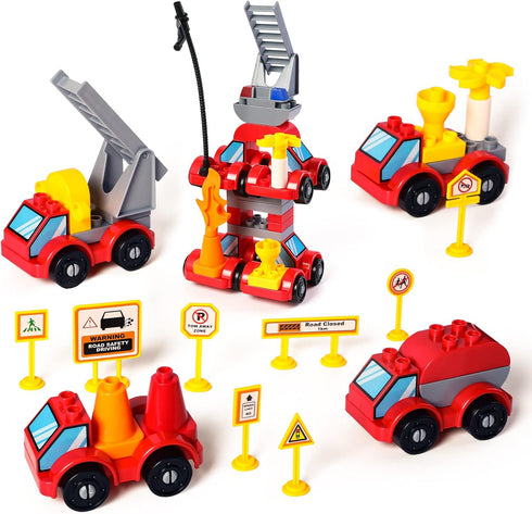 67 Pcs Fire Rescue Vehicles Building Blocks Set,4 Different Mini Fire Rescue Cars,4 In 1 Fire Truck Building Toy,Robot Brick Set for Goodie Bags,P...