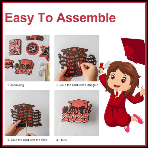 Graduation Decorations Class of 2025-36pcs Red and Black Graduation Table Centerpieces Sticks Table Toppers with Lights for College High School Co...