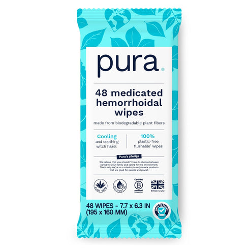 Pura Flushable Hemorrhoid Wipes, 1 x 48 Wipes, Medicated Wipes with 50% Cooling Witch Hazel, Soothing Coconut Oil & Aloe Vera, Fast Acting Relief,...