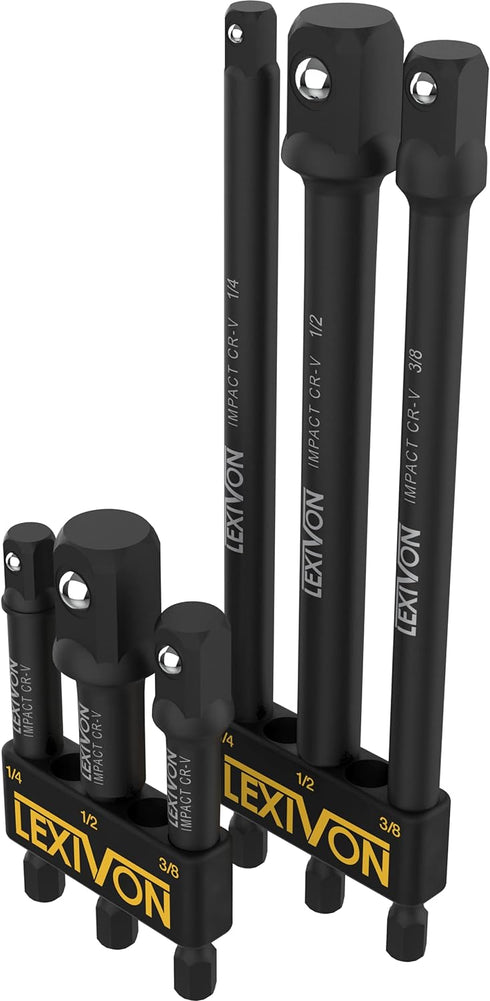 LEXIVON 6-Piece Impact Grade Socket Adapter Set - 3" & 6" Extension Bit With Holder | 1/4", 3/8", and 1/2" Drive, Adapt Your Power Drill To High T...