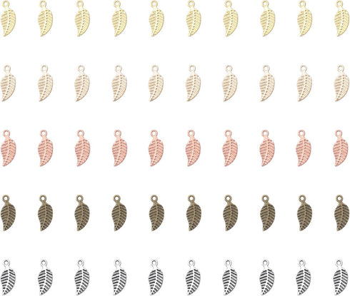 50 Pcs Leaf Charm Beads Metal Small 1.4 x 0.6 cm Tree Leaves Pendants for Crafting Jewelry Making Kit Findings Necklace Bracelet DIY Decoration Su...