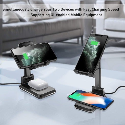 Wireless Charger, 2 in 1 Dual Wireless Charging Stand, Adjustable Phone Holder for Desk 10W Qi Fast Charger Compatible with iPhone 14/13/12/11/Pro...