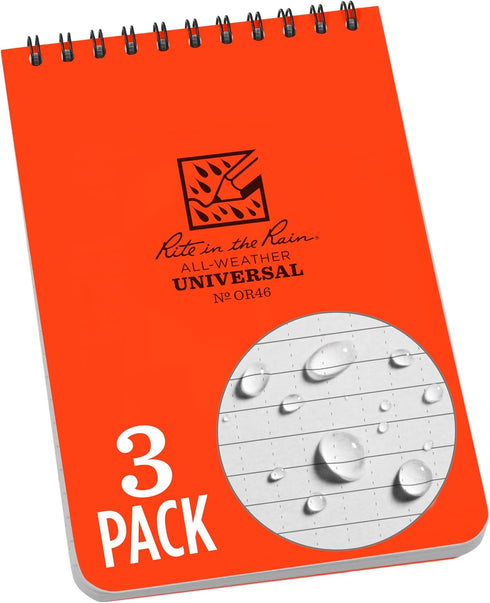 Rite in the Rain Weatherproof Top Spiral Notebook, 4" x 6", Orange Cover, Universal Pattern, 3 Pack (No.OR46-3)...