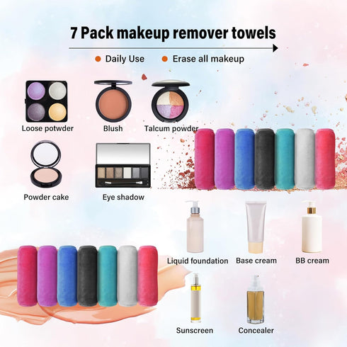 Makeup Remover Cloth, 7 Colors Makeup Towels Face Washcloth, Makeup Remover Pads Reusable Washable, Facial Cloths Clean Towels for Face Eye Skinca...