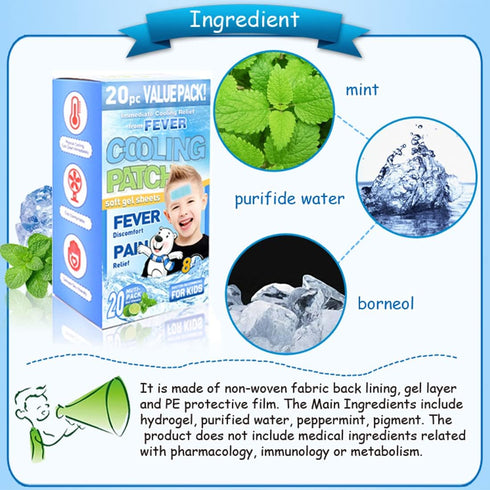 20 Sheets Cooling Patches for Fever Discomfort, Cooling Fever Reducer, Kids Cool Pads Soothe Headache Pain (20 Sheets)...
