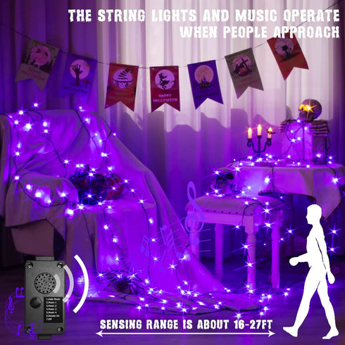 PEIDUO Halloween Decorations Outdoor, 82 FT 200 LED Purple String Lights, Motion Sensor Controller Sync with Spooky Music, Twinkle Fairy Lights fo...