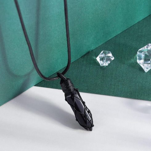 Black Obsidian Healing Crystal Points Necklace Adjustable Rope Hexagonal Wrapped Braided Stone Pendant Necklace Handmade Gemstone Jewelry for Men ...