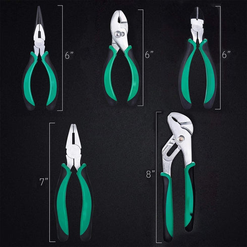 Pliers Set, 5 pc Pliers with Case, Long Nose Pliers, Tongue and Groove Pliers, Slip Joint Pliers, Diagonal Pliers, Linesman Pliers, Pliers Tools S...