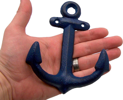 Wowser Nautical Cast Iron Ship Anchor Wall Hooks, 6 Inches, Set of 3 (Blue)...