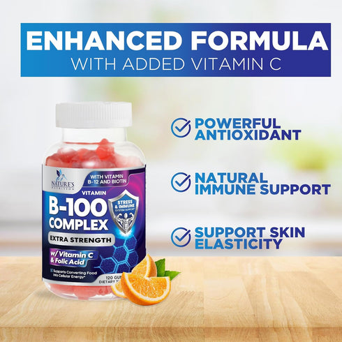 Super B Complex Gummies with Vitamin C & Folic Acid, Extra Strength Vitamin B Gummy Supplement with Niacin, B6, Folic Acid, B12, Biotin, Nature's ...
