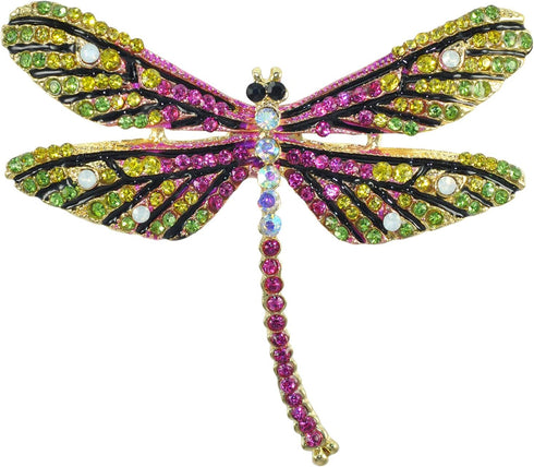 Gyn&Joy Golden Tone Colorful Crystal Rhinestone Dragonfly Flying Insect Brooch Pin For Women BZ198...