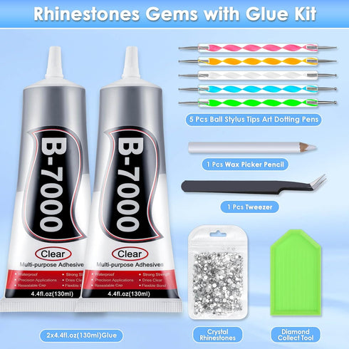 Cludoo B7000 Glue Clear with Precision Tip, 2pcs 130ml / 4.4 Fl Oz B7000 Rhinestone Glue Fabric Glue with Rhinestone Dotting Pen Tool, Wax Pencil,...