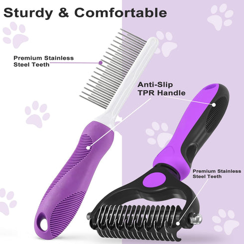Pet Grooming Brush, Pet Detangling Pet Metal Comb with Long & Short Stainless Steel Teeth for Removing Matted Fur, Dematting Deshedding Brush Cat ...