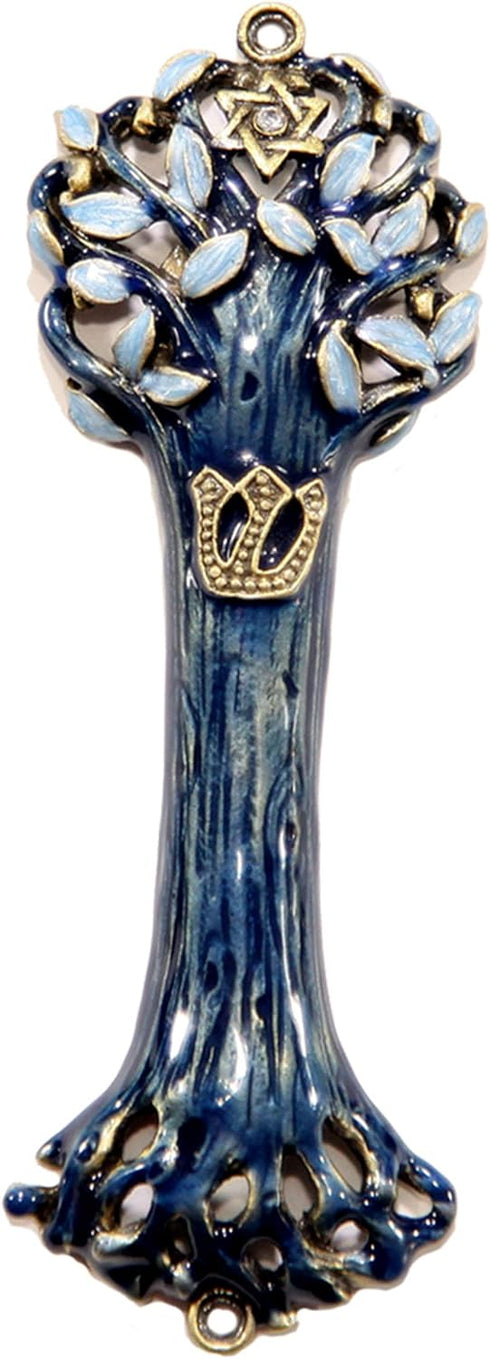 Bless This House with Tree of Life Mezuzah Case, Wooden Texture Design, Crafted with David Star for The Jewish Homes, Blue Indigo Color...