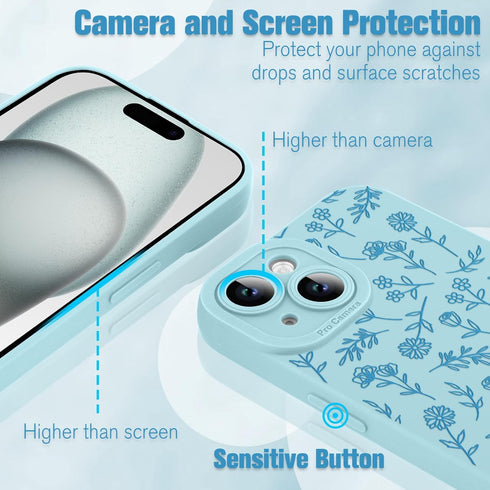 OOK Case for iPhone 15 Case Cute Flower Floral Design for Girls Women Soft TPU Camera Lens Protective Phone Cover for iPhone 15 6.1 Inch Blue...