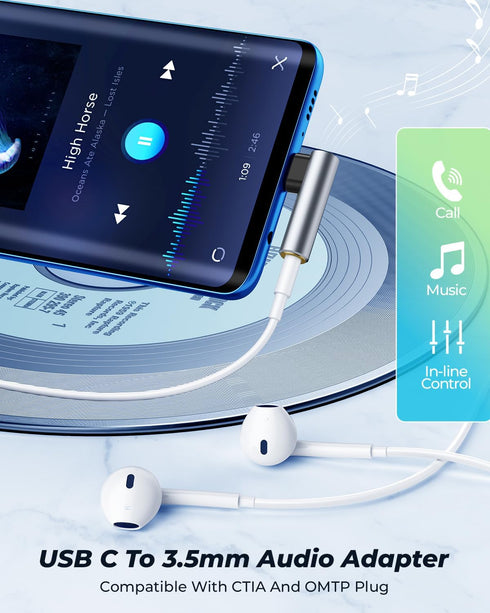 USB C to 3.5mm Audio Adapter, USB Type C to 3.5mm Female Headphone Jack Dongle Aux Adapter DAC Stereo HiFi Right Angle for iPhone 15 Pro Max/15 Pr...
