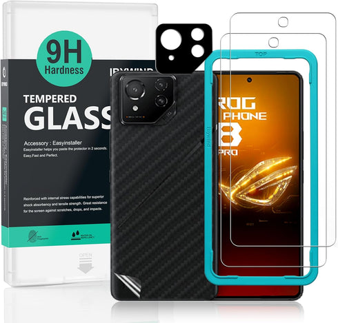Ibywind 2 Pack Screen Protector For Asus ROG Phone 8 Pro 5G 6.78",9H Hardness Tempered Glass,With 1Pc Camera Lens Protector,1Pc Back Carbon Fiber ...