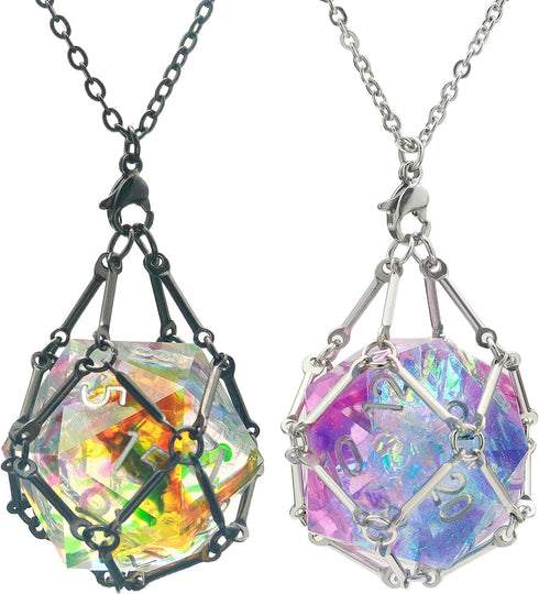 DND Dice Necklace Dice Cage for Interchangeable D20 Dice Dungeons and Dragons Gamers DND Gifts-Silver Black...