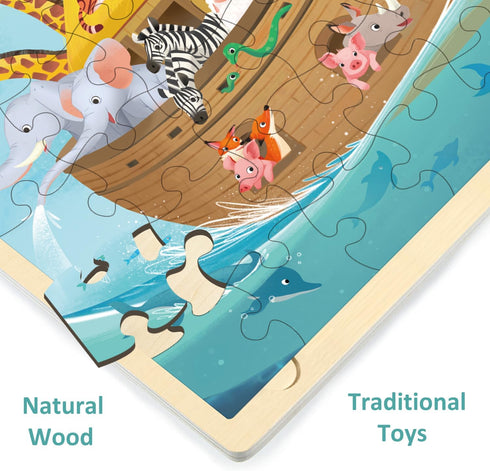 Wooden Noah's Ark Puzzle for Kids Ages 3-5, 48 Piece Puzzles for Kids Ages 4-8 with Puzzle Tray, Religious Scene Christian Bible Wooden Jigsaw Puz...