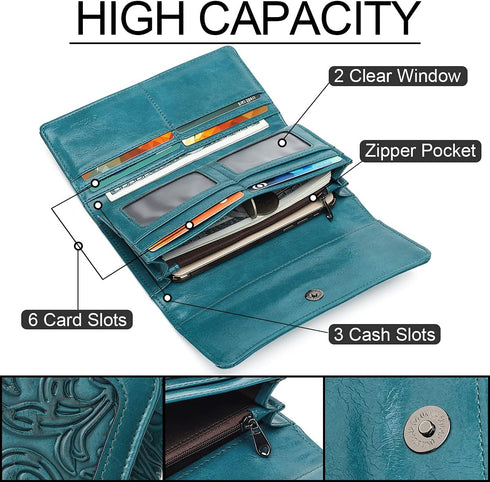 MEITRUE Women's Wallet Leather RFID Blocking Trifold Ladies Purse Embossed long Clutch Card Holder Phone Checkbook Organizer...