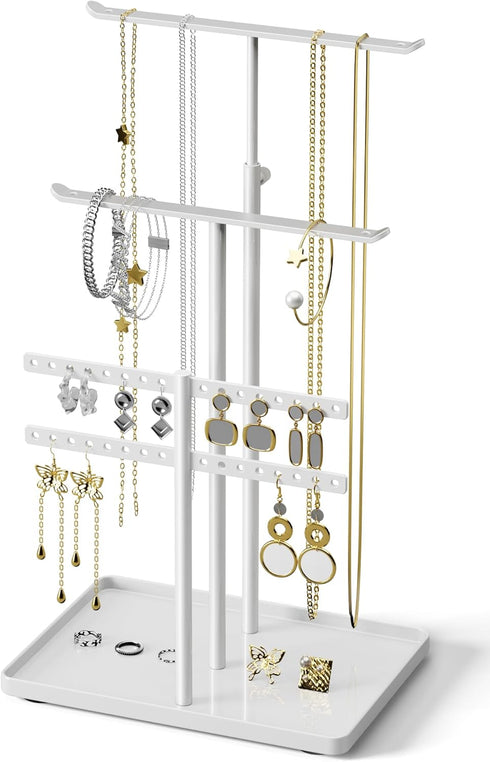 Jewelry Holder Organizer Stand - Adjustable Jewelry Tree 17.5" Height (Max), Jewlery Hanger for Necklaces, Bracelets, Earrings, Stainless, White...