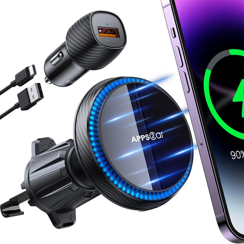 APPS2Car Wireless Car Charger with 15W Fast Charging for Magsafe Car Vent Mount - Only Compatible with iPhone 15/14/Magsafe Series Phones, Equippe...