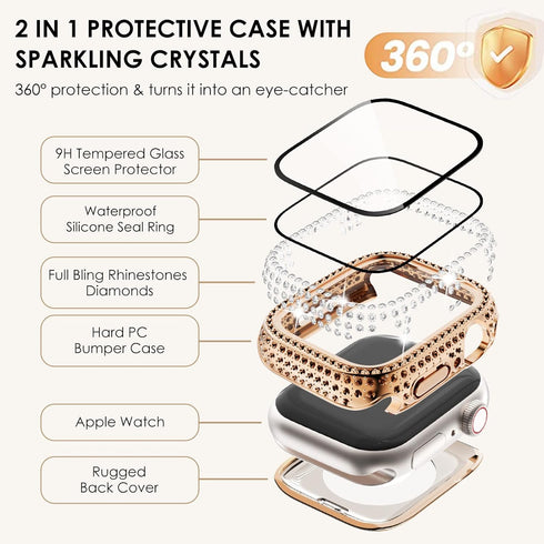 Wingle 2 Pack Waterproof Bling Case for Apple Watch 44mm Screen Protector SE Series 6 5 4, 2 in 1 Full Glitter Bling Diamond Rhinestone Bumper Fac...