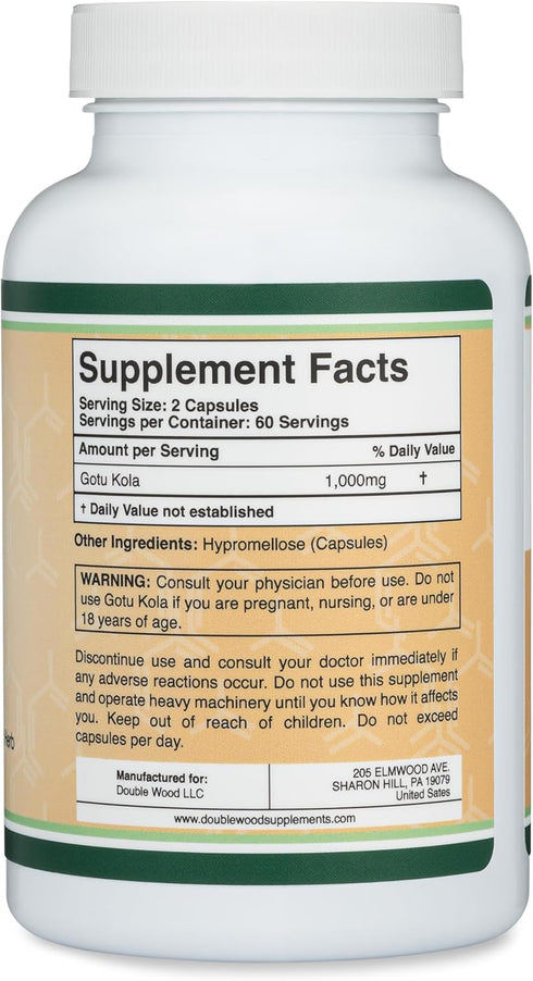 Gotu Kola Capsules (Centella Asiatica) 1,000mg of Per Serving (120 Capsules) No Fillers, Vega, Safe, Non-GMO, Gluten Free (Gotu Kola Extract for R...