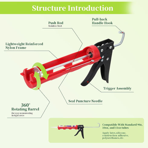 Drip-Free Caulking Gun Ratchet Rod Caulk Gun Applicator 15:1 Thrust Ratio Labor-Saving Lightweight Nylon Frame Cartridge Gun for 10oz/300ml Standa...