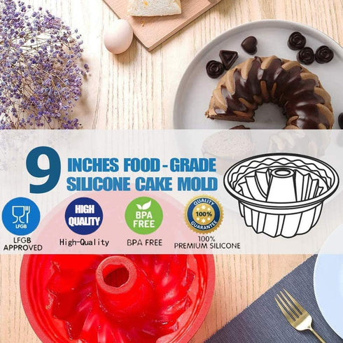 Silicone Fluted Bunte Cake Baking Pan, European-Grade LFGB Top-Level Silicone Round Cake Mold, Non-Stick Cake Pan for Jello,Gelatin,Bread, 9.45 In...