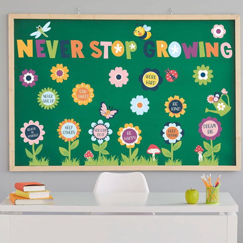 90 Pcs Spring Bulletin Board Decorations for Classroom Flowers Bulletin Board Set Never Stop Growing Cutouts Inspirational Quotes Cards Wall Decal...