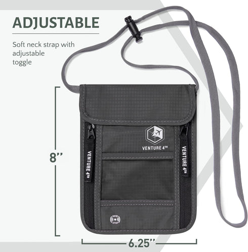 VENTURE 4TH Passport Holder Neck Wallet with RFID Blocking Nylon Lining - Hidden Neck Pouch for Travel (Gray)...
