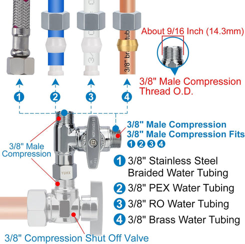 Brass Angle Stop Add-A-Tee Valve,3/8 x 3/8" x 3/8 Compression Water Splitter...