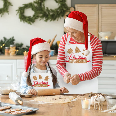 2 Pack Christmas Matching Aprons for Kids and Adults - Christmas Baking Crew - White Kitchen Aprons with 2 Pockets for Cooking Baking, Cute Custom...