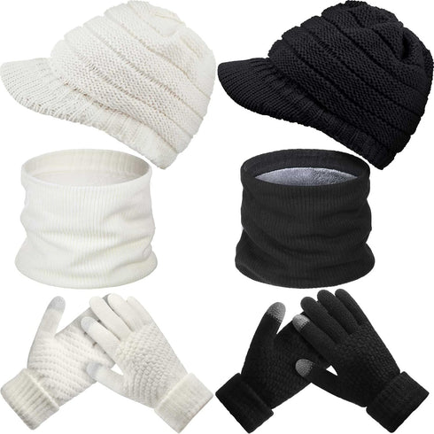 2 Sets Winter Knit Hats Gloves Scarf for Women Ribbed Knit Hat with Brim Winter Beanie Slouchy Women Touch Screen Gloves and Fleece Neck Warmer Sc...