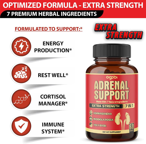 agobi 7in1 Adrenal Support Supplement - Concentrated Ashwagandha, Panax Ginseng, Rhodiola Rosea & More - 60 Capsules for 2 Month...