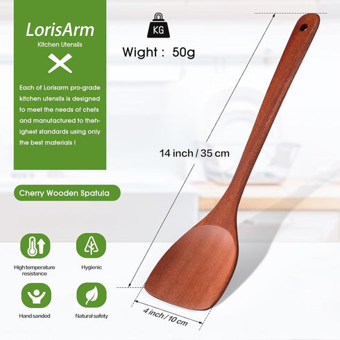 14-inch Cherry Wooden Spatula Turner Long Handle, Wood Kitchen Spatula Turner, Egg Scraper, Wood Cooking Utensil, Kitchen Spatulas for Flipping, S...