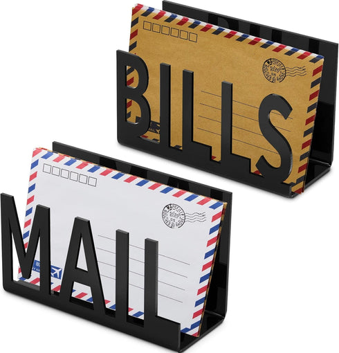2 Pack Black Desk Mail Bill Organizer Mail Countertop Holder Hollow Mail Sorter Letter Holder Decorative Bill and Mail Holder Desk Vertical Envelo...