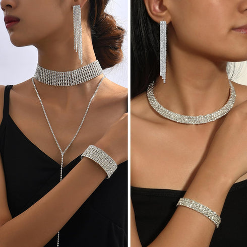 EIELO Rhinestone Jewelry Set for Women Wedding Bridal Triangle Bling Clutch Bag Glitter Choker Necklace Tennis Stretch Bracelets Ring Dangle Fring...