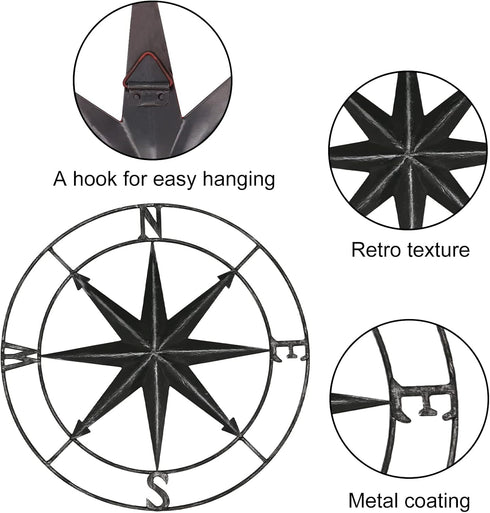 aboxoo Round Metal Compass Decorative Compass Metal Wall Art Hanging Wall Sculpture 11 Inch Black Diameter Farmhouse Decor Indoor or Outdoor Sign...