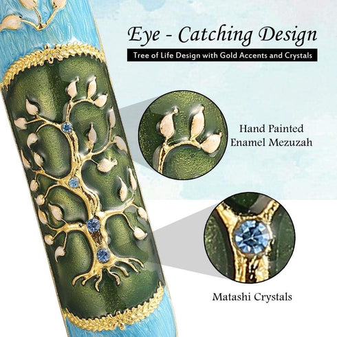 Hand Painted Enamel Mezuzah Embellished with a Tree of Life Design with Gold Accents and Crystals by Matashi, (MTMZ221)...