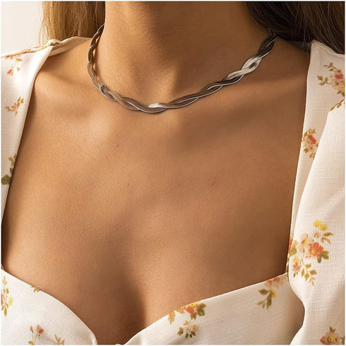 Double Layer Cross Twisted Snake Chain Choker Necklace for Women Sexy flat Herringbone Clavicle Link Necklaces Jewelry...