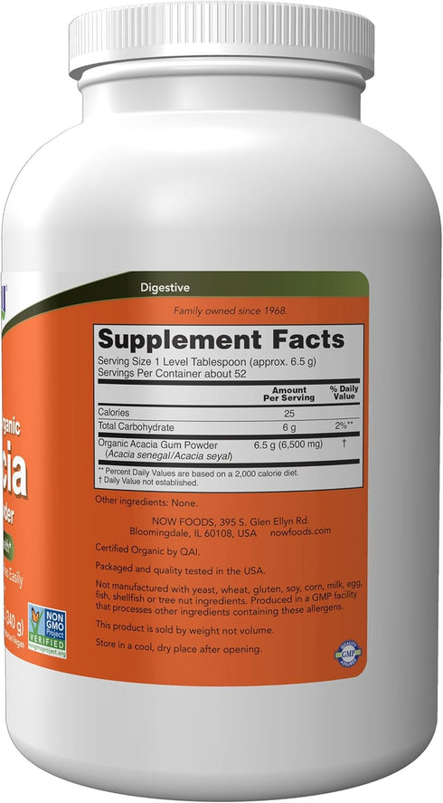 NOW Supplements, Acacia Pure Powder, Certified Organic, Highly Soluble, Mixes Easily, Intestinal Health*, 12-Ounce...