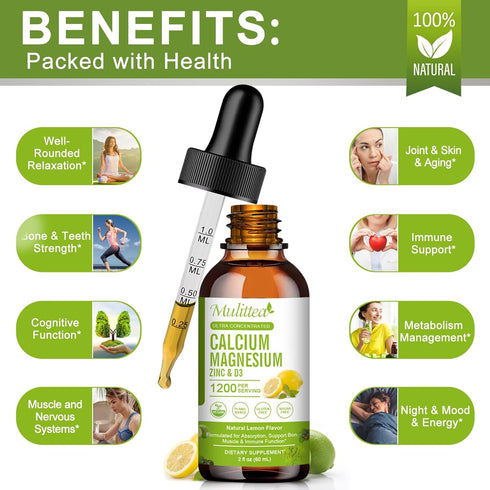 Calcium Magnesium Zinc with Magnesium Glycinate 500mg Plus Vitamin C D3 K2 | 2 Month Supply | Calcium Supplement Calcium with Vitamin D3 K2 Liquid...
