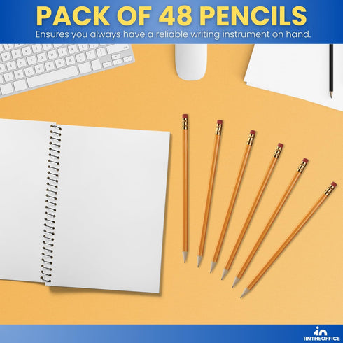 1InTheOffice Pre Sharpened Pencils #2, Pencils with Eraser, 2 HB, Wood-Cased, Black Lead, Yellow Barrel (48)...