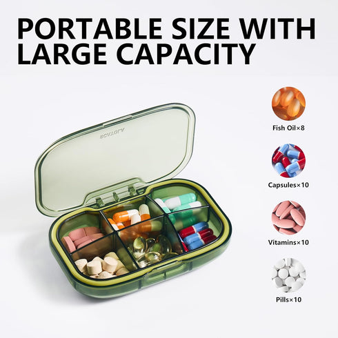 Sukuos 6 Compartments Travel Pill Organizer, Portable Daily Pill Box for Purse Pocket, Easy to Open Small Pill Case for Medicine, Fish Oil, Vitami...