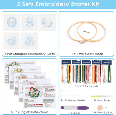 ERKOON 5 Set Embroidery Kit for Beginners, Cats and Dogs Embroidery Sarter kit, Animal Embroidery set for Adult Kids, DIY Cross Stitch Kits with P...