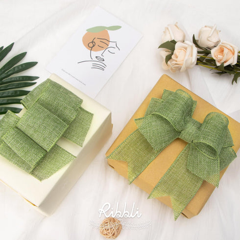 Ribbli Spring Moss/Sage Green Burlap Wired Ribbon,2 Inch x Continuous 10 Yard, Wired Edge Ribbon for Big Bow,Wreath,Tree Decoration,Outdoor Decora...