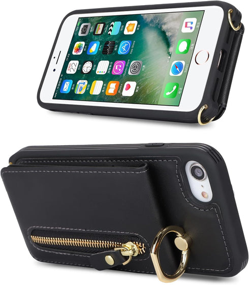 iPhone 7 8 SE (2020) Case with Card Holder for Women, iPhone 7 8 SE (2020) Phone Case Wallet with Strap Credit Card Slots Crossbody with Kickstand...